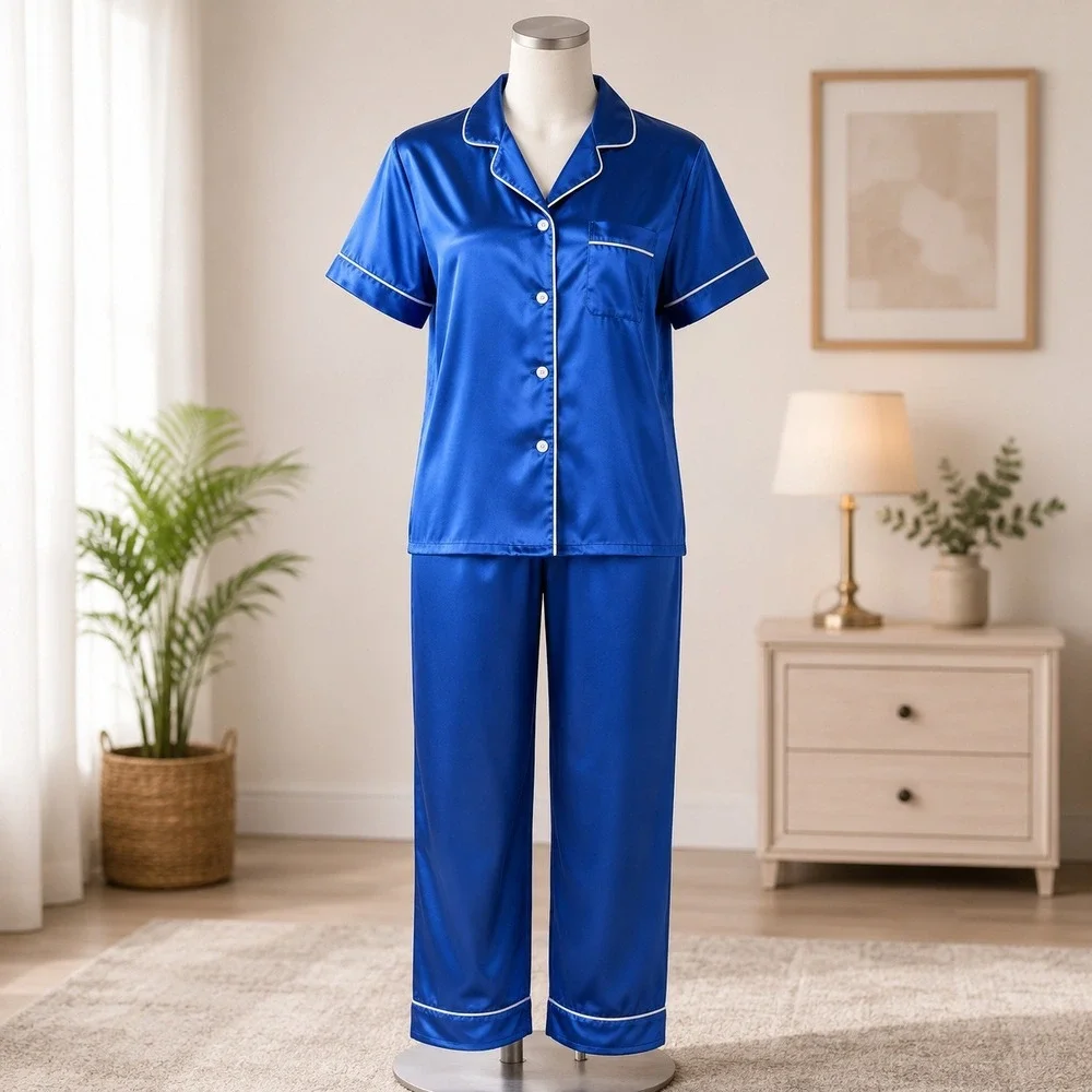 NWT Cupshe Pajama Set Women Medium Blue Satin Short Sleeve Top Long Pants Piping